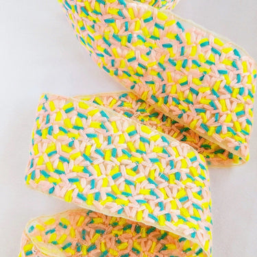 Beige Sheer Tissue Fabric Trim With Cotton Thread Embroidery In Pink, Yellow And Blue, Fabric Lace